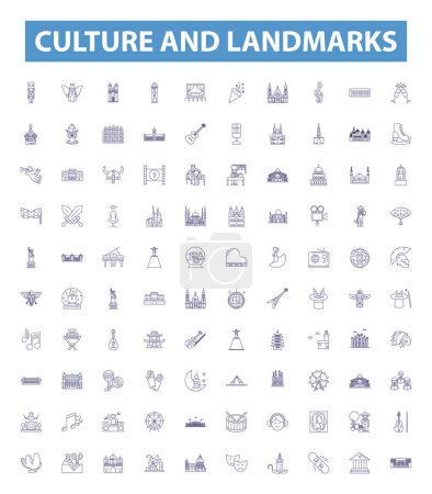 Illustration for Culture and landmarks line icons, signs set. Collection of tradition, heritage, architecture, sculpture, monuments, art, ritual, folklore, customs outline vector illustrations. - Royalty Free Image