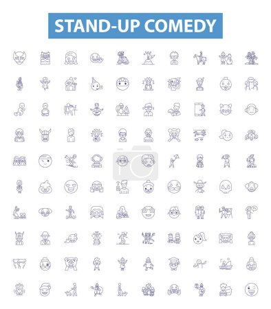 Illustration for Stand-up comedy line icons, signs set. Collection of Humor, Jokes, Comedians, Spoofs, Punchlines, Laughing, Monologue, Wits, Ridicule outline vector illustrations. - Royalty Free Image
