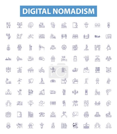 Illustration for Digital nomadism line icons, signs set. Collection of Voyaging, Globetrotting, Remote Working, Freelancing, Telecommuting, Location Independent, Mobile Working, Digital Nomadism, Roaming outline - Royalty Free Image