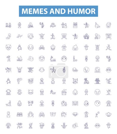 Illustration for Memes and humor line icons, signs set. Collection of Memes, Humor, Comedy, Laughs, Jokes, Pranks, Quips, Comedy, Wink outline vector illustrations. - Royalty Free Image