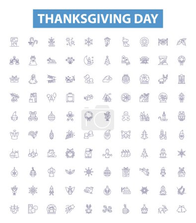 Illustration for Thanksgiving day line icons, signs set. Collection of Thanksgiving, Day, Turkey, Feast, Gratitude, Pilgrims, Indians, Cornucopia, Blessings outline vector illustrations. - Royalty Free Image
