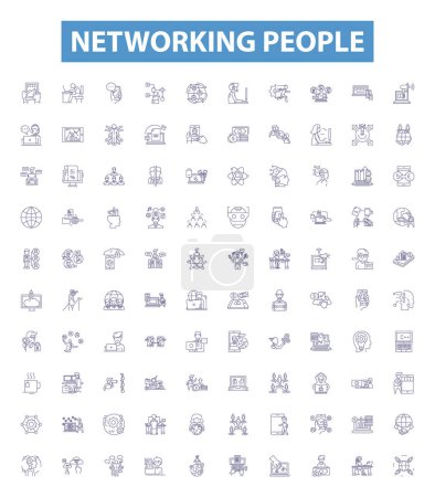 Illustration for Networking people line icons, signs set. Collection of Networking, people, connections, linkages, associates, colleagues, befriending, networking events, affinities outline vector illustrations. - Royalty Free Image