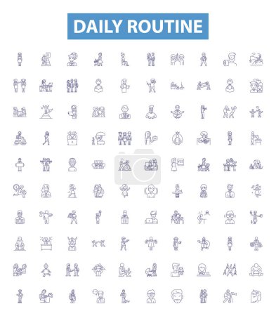 Illustration for Daily routine line icons, signs set. Collection of Wake, Eat, Work, Study, Exercise, Play, Socialize, Sleep, Commute outline vector illustrations. - Royalty Free Image