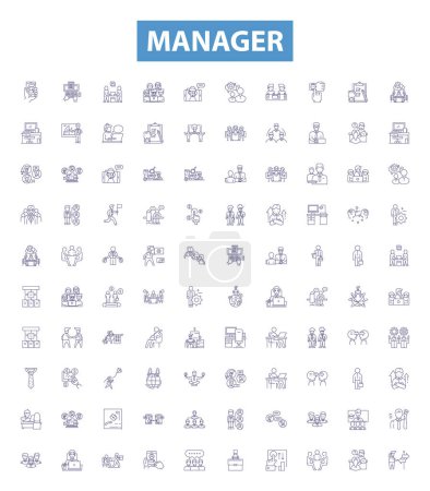 Illustration for Manager line icons, signs set. Collection of Manager, Supervisor, Director, Coordinator, Leader, Administrator, Overseer, Foreman, Chief outline vector illustrations. - Royalty Free Image