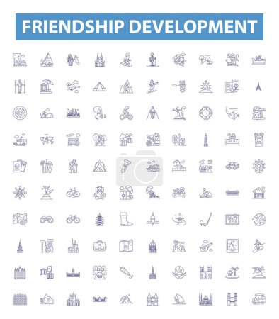 Illustration for Friendship development line icons, signs set. Collection of Bonding, Friendship, Uniting, Strengthening, Connecting, Enhancing, Growing, Evolving, Deepening outline vector illustrations. - Royalty Free Image