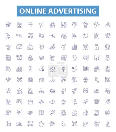 Online advertising line icons, signs set. Collection of Digital, Ads, Internet, Promotions, Marketing, Optimization, Placement, Branding, Retargeting outline vector illustrations.