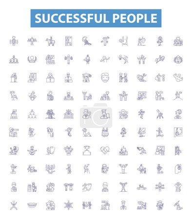 Illustration for Successful people line icons, signs set. Collection of achievers, winners, magnates, go getters, titans, prosperous, successful, affluent, powerful outline vector illustrations. - Royalty Free Image