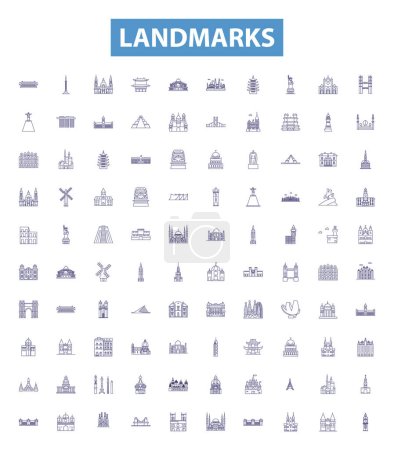 Illustration for Landmarks line icons, signs set. Collection of Monuments, Statues, Structures, Buildings, Palaces, Ruins, Temples, Architecture, Lighthouses outline vector illustrations. - Royalty Free Image