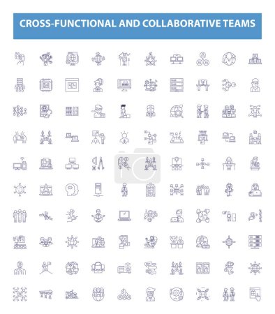 Ilustración de Equipos interfuncionales y colaborativos se alinean iconos, letreros establecidos. Colaboración, Cruz funcional, Equipos, Integración, Cooperación, Multidisciplinar, Participación, Interdisciplinar - Imagen libre de derechos