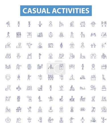 Illustration for Casual activities line icons, signs set. Collection of Sports, Movies, Eating, Shopping, Games, Socializing, Hiking, Jogging, Exploring outline vector illustrations. - Royalty Free Image