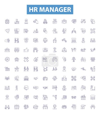 Illustration for Hr manager line icons, signs set. Collection of HR, Manager, Human, Resources, Recruiting, Hiring, Training, Retention, Benefits outline vector illustrations. - Royalty Free Image