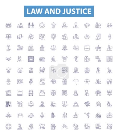 Illustration for Law and justice line icons, signs set. Collection of Law, Justice, Jurisprudence, Legislation, Legal, Statutory, Precedent, Righteousness, Order outline vector illustrations. - Royalty Free Image