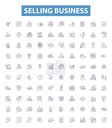 Illustration for Selling business line icons, signs set. Collection of Vending, Merchandising, Trading, Brokering, Marketing, Promoting, Auctioning, Retailing, Franchising outline vector illustrations. - Royalty Free Image
