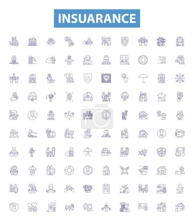 Illustration for Insuarance line icons, signs set. Collection of Insurance, Coverage, Policies, Risk, Protection, Premium, Benefits, Claims, Reimbursement outline vector illustrations. - Royalty Free Image