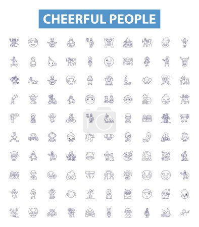 Illustration for Cheerful people line icons, signs set. Collection of Cheerful, Joyous, Glad, Lighthearted, Exuberant, Delighted, Mirthful, Jubilant, Contented outline vector illustrations. - Royalty Free Image