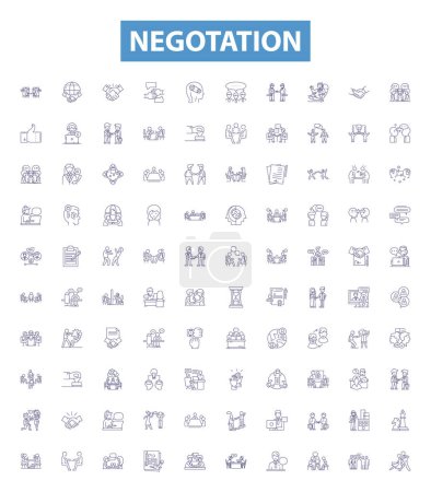 Illustration for Negotation line icons, signs set. Collection of Negotiate, haggle, discuss, bargain, mediate, arbitrate, parley, contend, debate outline vector illustrations. - Royalty Free Image