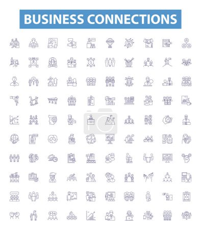 Illustration for Business connections line icons, signs set. Collection of Networking, Linkages, Partnerships, Alliances, Relationships, Collaborations, Contacts, Connections, Affiliations outline vector illustrations - Royalty Free Image
