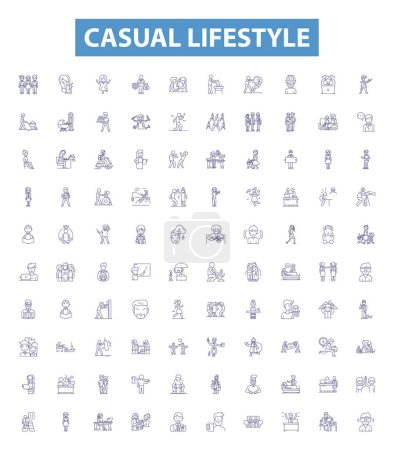 Illustration for Casual lifestyle line icons, signs set. Collection of Casual, Lifestyle, Relaxed, Unstructured, Comfortable, Breezy, Uncomplicated, Carefree, Easygoing outline vector illustrations. - Royalty Free Image
