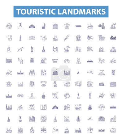 Illustration for Touristic landmarks line icons, signs set. Collection of Tourist, Landmarks, Monuments, Palaces, Churches, Castles, Ruins, Statues, Artwork outline vector illustrations. - Royalty Free Image