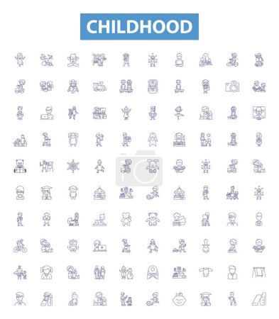 Illustration for Childhood line icons, signs set. Collection of Infancy, Youth, Adolescence, Kids, Playtime, Education, Growing, Joyful, Games outline vector illustrations. - Royalty Free Image