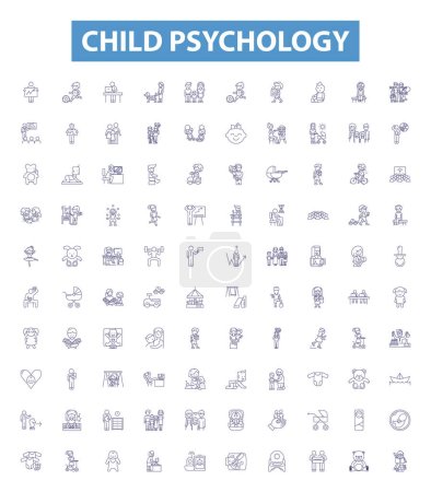 Illustration for Child psychology line icons, signs set. Collection of Child, Psychology, Development, Mental, Cognitive, Behaviour, Emotional, Attachment, Play outline vector illustrations. - Royalty Free Image