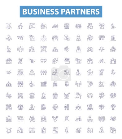 Téléchargez les illustrations : Partenaires commerciaux ligne icônes, signes ensemble. Collection de partenaires, d'entreprises, de collaborateurs, d'associés, d'investissements, d'actionnaires, d'intervenants, d'investisseurs, d'illustrations vectorielles des grandes lignes de la coentreprise. - en licence libre de droit