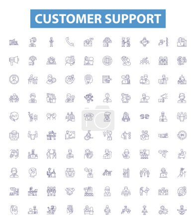 Illustration for Customer support line icons, signs set. Collection of Help, Assistance, Service, Aid, Resolution, Response, Consultation, Enquiry, Care outline vector illustrations. - Royalty Free Image