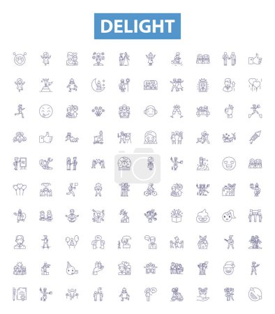 Illustration for Delight line icons, signs set. Collection of Joy, Appeal, Gratify, Thrill, Enchant, Amuse, Satisfy, Elate, Gladden outline vector illustrations. - Royalty Free Image