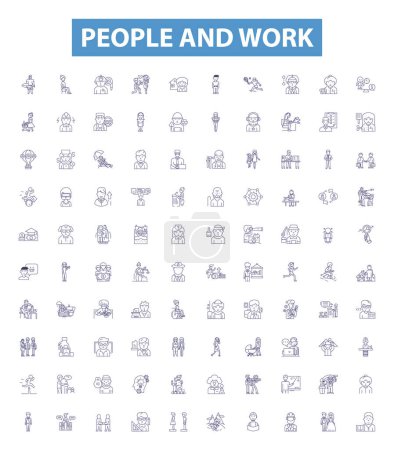 Téléchargez les illustrations : Les gens et les icônes de la ligne de travail, signes ensemble. Collecte des Travailleurs, Humain, Emploi, Collèges, Travail, Professionnels, Employés, Personnel, Main-d'œuvre esquisse des illustrations vectorielles. - en licence libre de droit