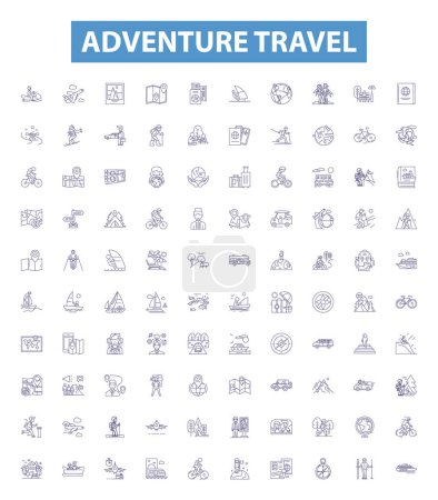 Illustration for Adventure travel line icons, signs set. Collection of Hiking, Trekking, Canoeing, Camping, Skiing, Kayaking, Rafting, Climbing, Sailing outline vector illustrations. - Royalty Free Image