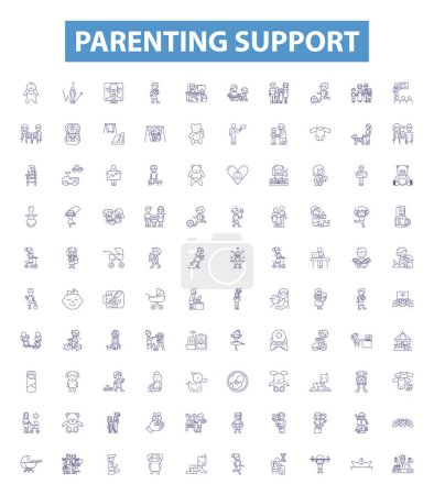 Illustration for Parenting support line icons, signs set. Collection of Guidance, Backing, Nurturing, Mentoring, Counsel, Instructing, Encouraging, Uplifting, Coaching outline vector illustrations. - Royalty Free Image