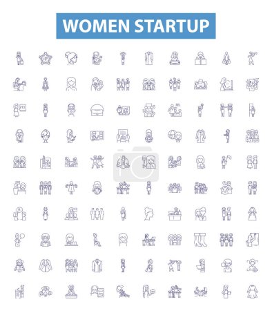Illustration for Women startup line icons, signs set. Collection of Female, Entrepreneur, Venture, Company, Business, Innovate, Investment, Founder, Women Owned outline vector illustrations. - Royalty Free Image