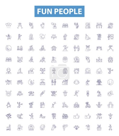 Illustration for Fun people line icons, signs set. Collection of Mirthful, Amusing, Cheerful, Joyful, Vivacious, Blithe, Lighthearted, Comical, Exuberant outline vector illustrations. - Royalty Free Image
