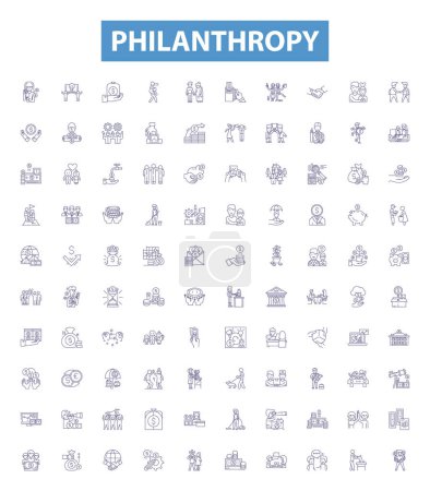 Illustration for Philanthropy line icons, signs set. Collection of Charitable, Generous, Altruistic, Selfless, Humane, Giving, Altruism, Donating, Big Hearted outline vector illustrations. - Royalty Free Image