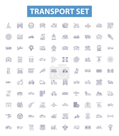 Illustration for Transport set line icons collection. Transport, Set, Vehicles, Travel, Haulage, Logistics, Wheels vector illustration. Cargo, Shipping, Railway outline signs - Royalty Free Image