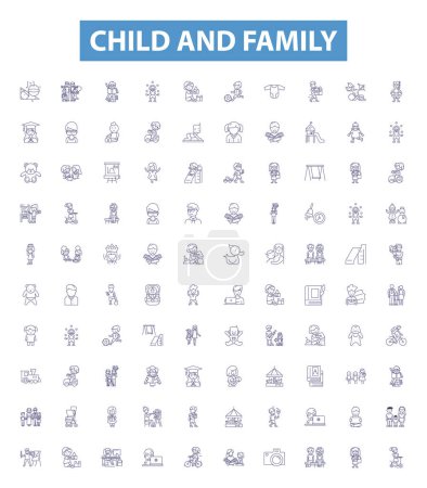 Illustration for Child and family line icons, signs set. Collection of Child, Family, childhood, parenting, upbringing, nurture, young, parenting skills, bonding outline vector illustrations. - Royalty Free Image