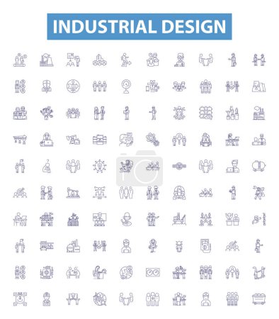 Illustration for Industrial design line icons, signs set. Collection of Industrial, Design, Automation, Fabrication, Robotics, Engineering, Styling, Manufacturing, Machine outline vector illustrations. - Royalty Free Image