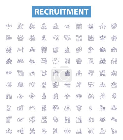 Illustration for Recruitment line icons, signs set. Collection of Hiring, Appoint, Source, Staffing, Engage, Induct, Enlist, Acquire, Enroll outline vector illustrations. - Royalty Free Image