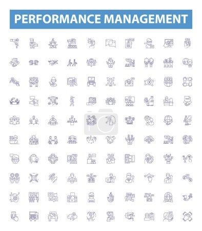 Illustration for Performance management line icons, signs set. Collection of Auditing, Assessing, Coaching, Evaluating, Goal setting, Motivating, Measuring, Training, Analyzing outline vector illustrations. - Royalty Free Image