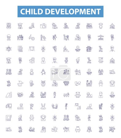 Icônes de ligne de développement de l'enfant, signes ensemble. Collection d'illustrations vectorielles pour nourrissons, tout-petits, cognitifs, sociaux, émotionnels, langagiers, moteurs, comportements, puberté.