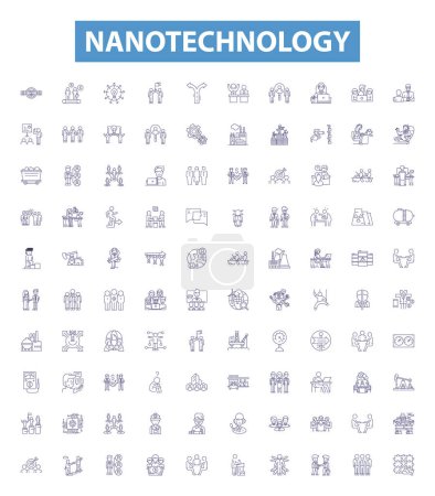 Illustration for Nanotechnology line icons, signs set. Collection of Nano, Technology, Nanomaterials, Nanoparticles, Nanoelectronics, Nanomedicine, Nanobots, Nanofabrication, Nanoscale outline vector illustrations. - Royalty Free Image