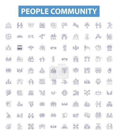 Illustration for People community line icons, signs set. Collection of Community, People, Network, Group, Communitas, Linkage, Unity, Fellowship, Bond outline vector illustrations. - Royalty Free Image