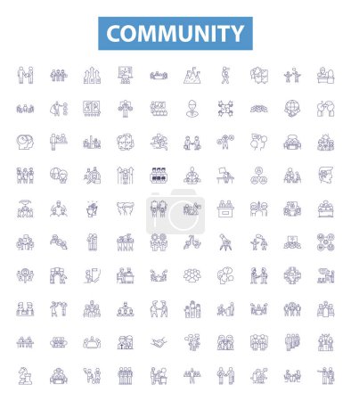 Illustration for Community line icons, signs set. Collection of Society, Fellowship, Network, Clan, Congregation, Group, Alliance, Tribe, Organization outline vector illustrations. - Royalty Free Image