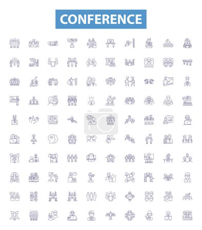 Illustration for Conference line icons, signs set. Collection of Conclave, Forum, Summit, Dialogue, Symposium, Assembly, Rally, Caucus, Gavel outline vector illustrations. - Royalty Free Image