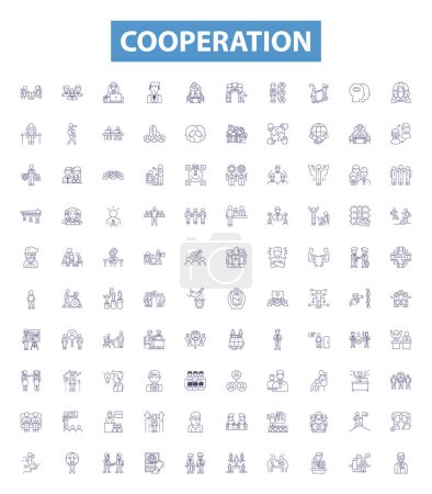 Illustration for Cooperation line icons, signs set. Collection of Collaboration, Accord, Alliance, Union, Consensus, Compromise, Amity, Affinity, Truce outline vector illustrations. - Royalty Free Image