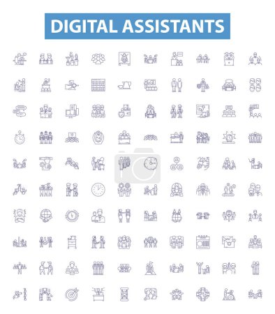 Illustration for Digital assistants line icons, signs set. Collection of Virtual, Assistants, Digital, Siri, Alexa, Cortana, Bixby, Google, Home outline vector illustrations. - Royalty Free Image