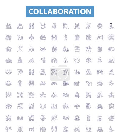 Illustration for Collaboration line icons, signs set. Collection of Cooperation, Partnership, Teamwork, Alliance, Synchronization, Coordination, Joint effort, Synergy, Engagement outline vector illustrations. - Royalty Free Image