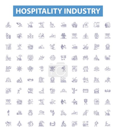 Illustration for Hospitality industry line icons, signs set. Collection of Hospitality, Industry, Tourism, Accommodation, Hotels, Services, Food, Restaurants, Resorts outline vector illustrations. - Royalty Free Image