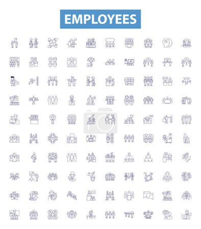 Illustration for Employees line icons, signs set. Collection of Workers, Employees, Staff, Personnel, Associates, Colleagues, Hires, Appointees, Contractors outline vector illustrations. - Royalty Free Image