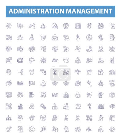 Illustration for Administration management line icons, signs set. Collection of Administration, Management, Governance, Supervision, Planning, Analysis, Strategy, Control, Policies outline vector illustrations. - Royalty Free Image